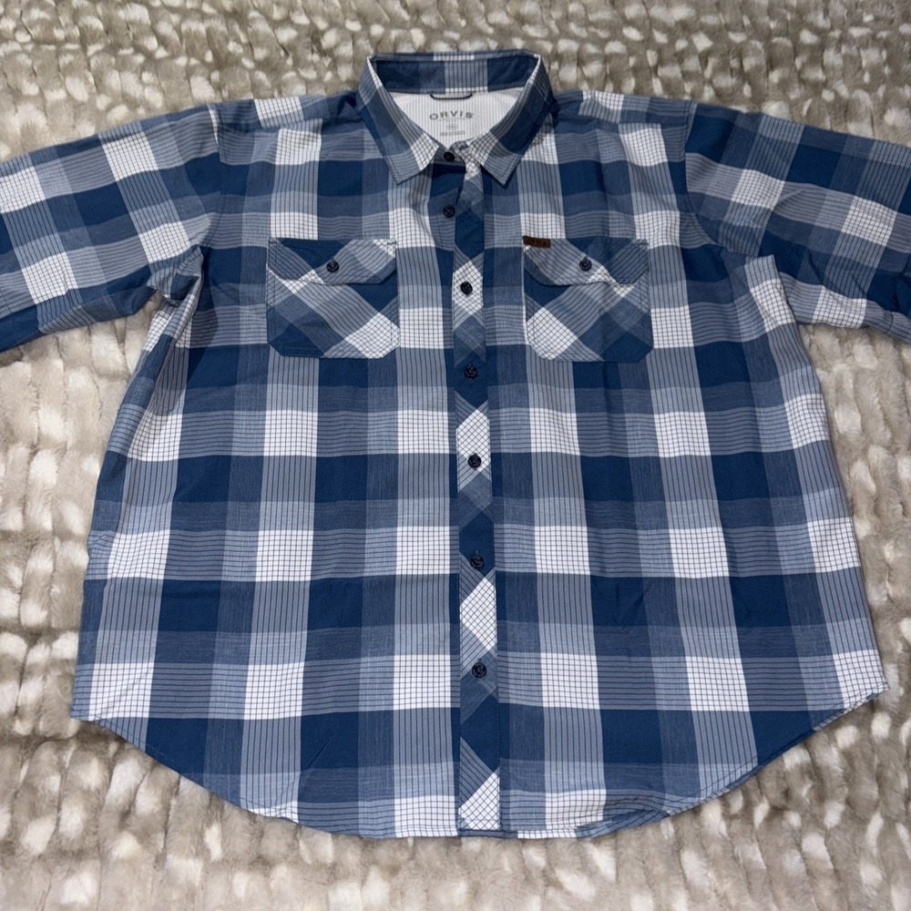 Orvis Shirt Mens 2XL Blue White Plaid Button Up Active Fit Performance Fishing